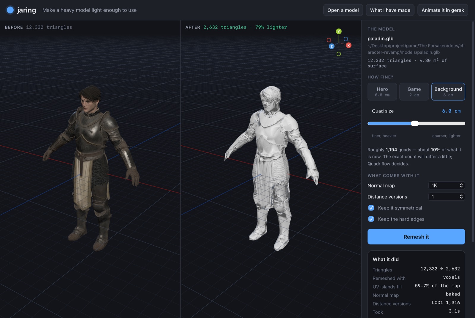 jaring: a paladin downloaded at 12,332 triangles on the left and the same figure remeshed to 2,632 on the right, with the quad-size slider and a summary of what was done