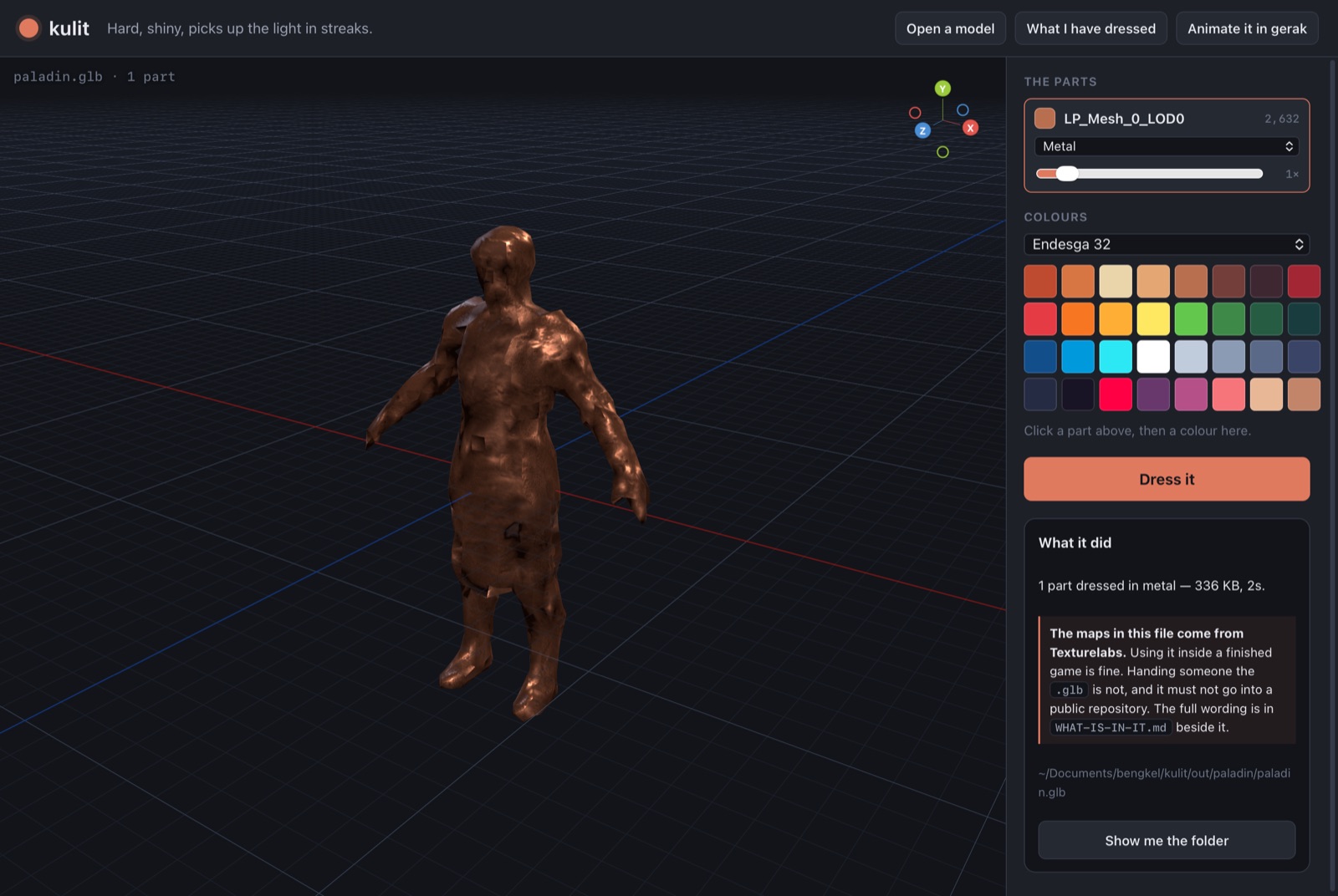 kulit: the remeshed paladin dressed in copper-coloured metal, with a row for its one part, a 32-colour palette and a note on the licence of the texture maps