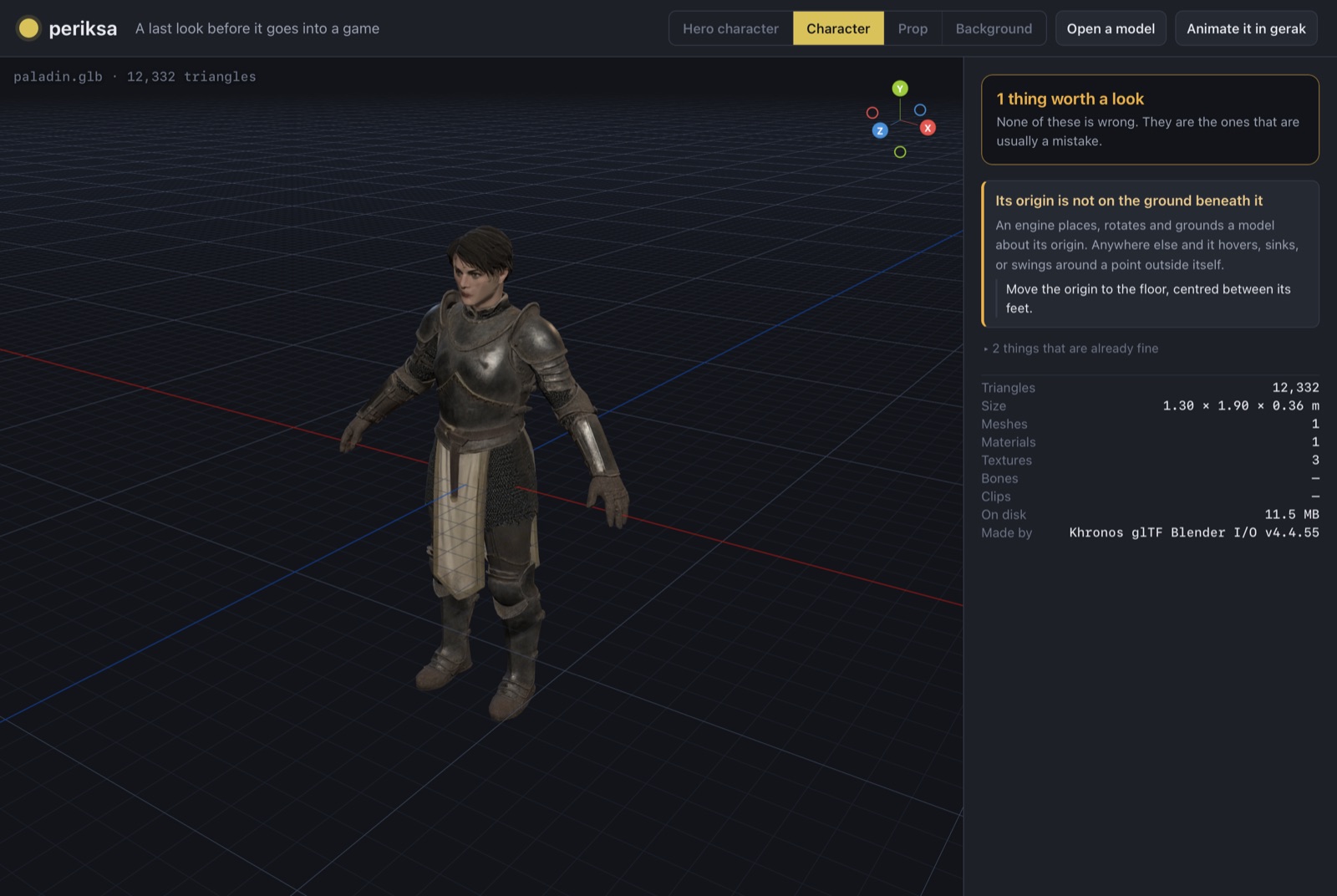 periksa: the paladin in a 3D viewport with one finding on the right — its origin is not on the ground beneath it — and its size, weight and file details below