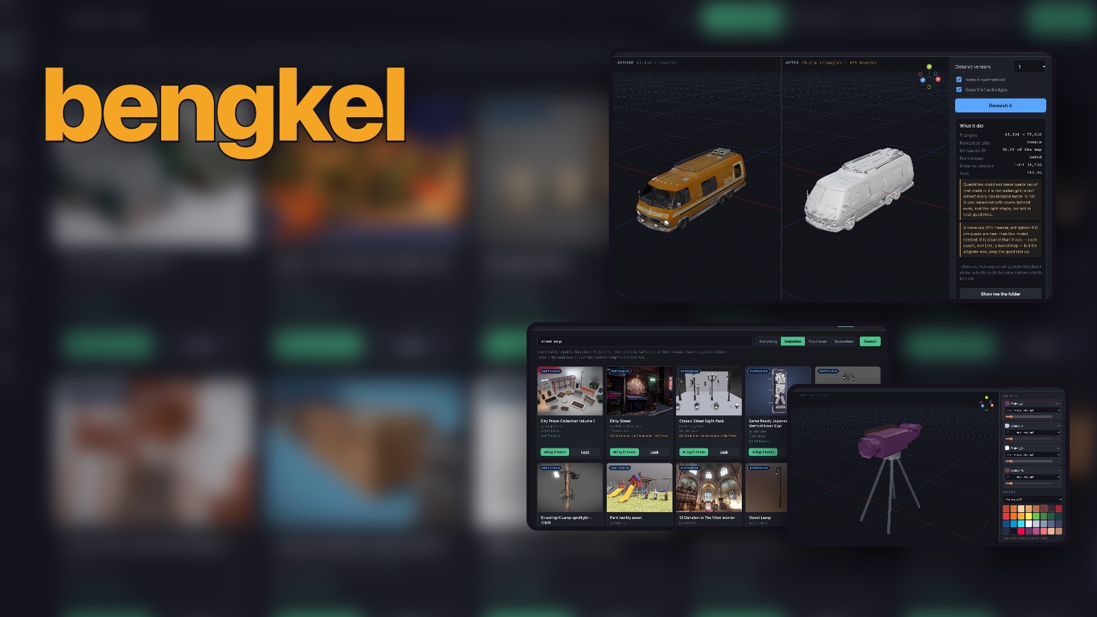 bengkel: a motorhome remeshed side by side, a Sketchfab search, and a painted TV camera, over its library of models