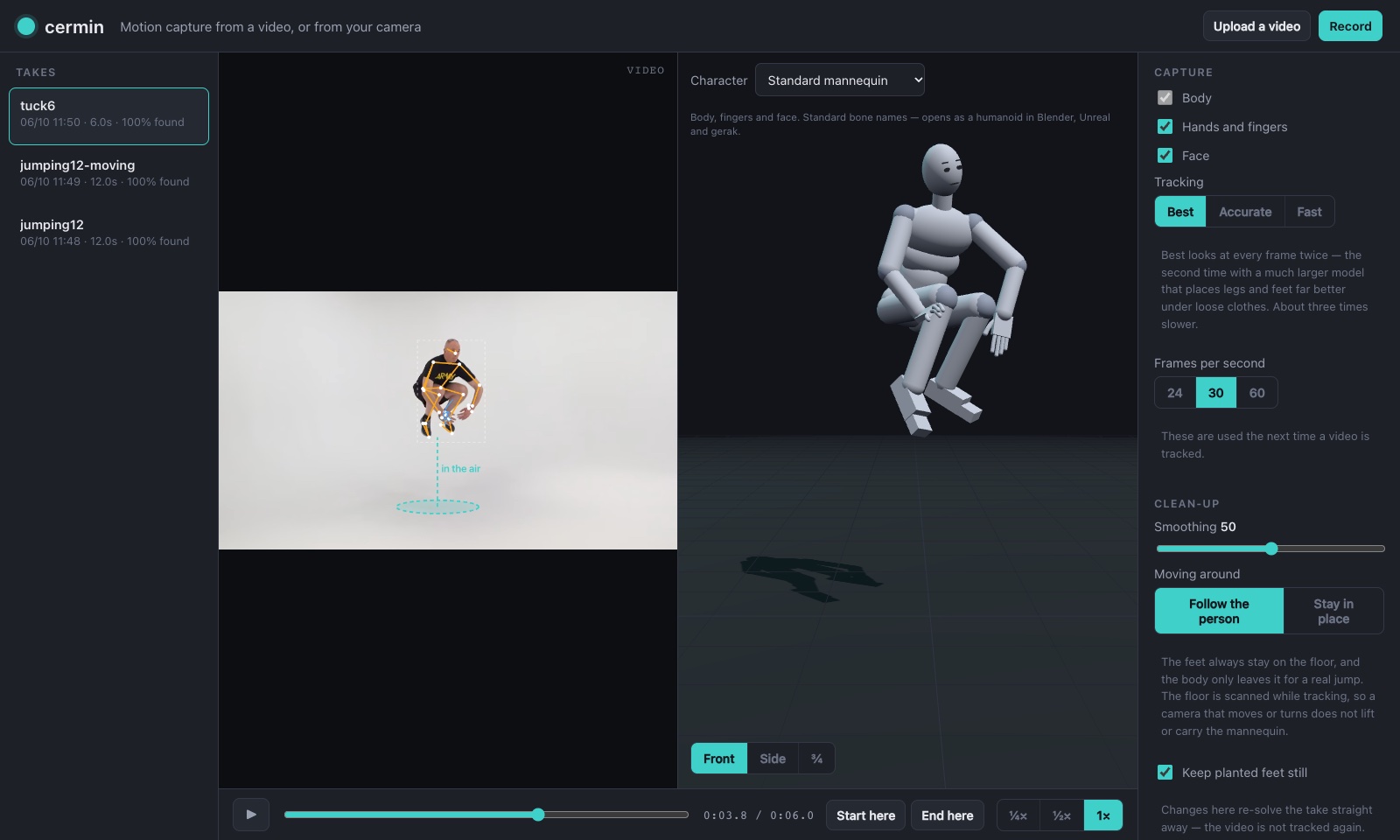 cermin: a tuck jump from a public-domain drill video, caught in the air above the dashed ring of its virtual floor, with the standard mannequin in the same tuck beside it