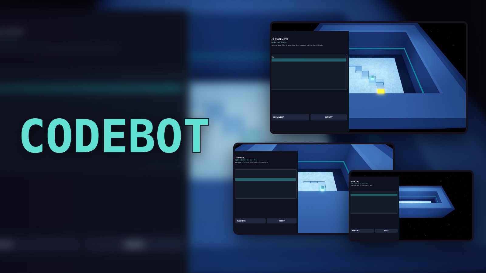 Codebot: the robot&rsquo;s rooms of blue walls with the code panel beside them, running a function, a turn and a loop