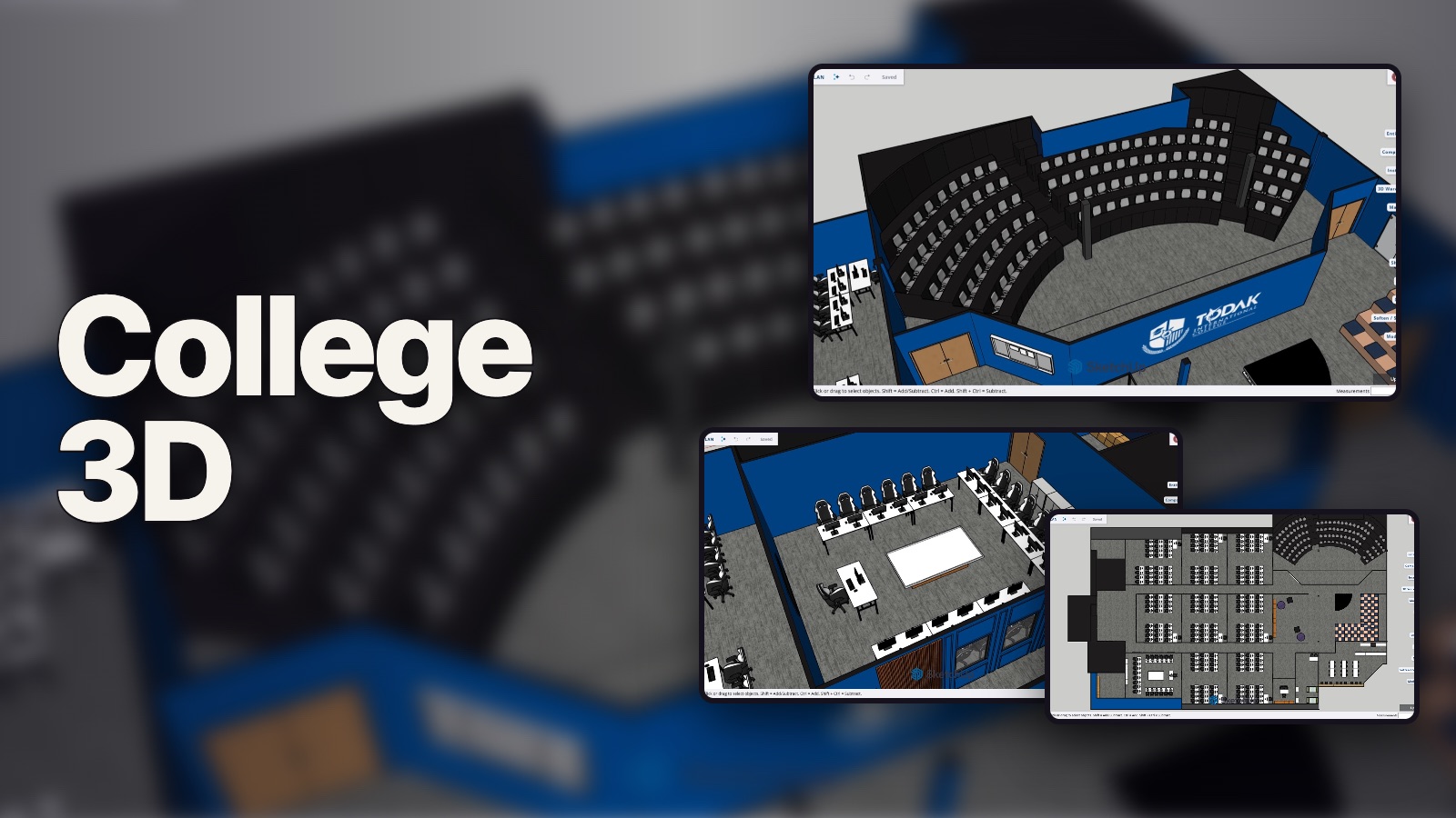 College 3D: the auditorium, a meeting room and the whole floor plan