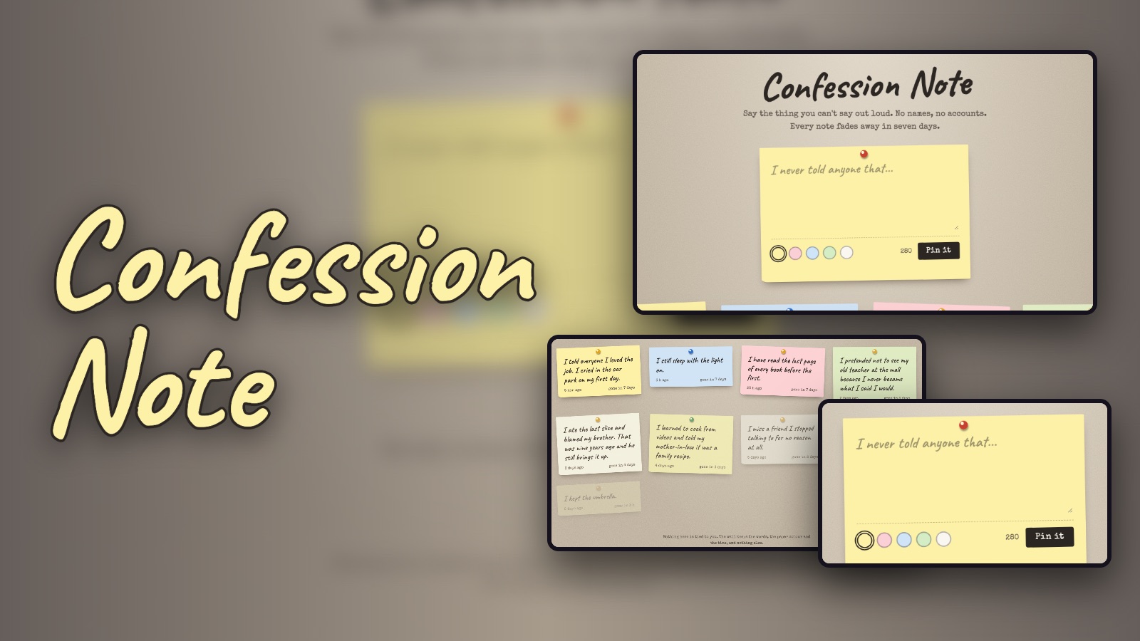 Confession Note: the blank note to write on, the wall of pinned confessions fading with age, and the paper colours