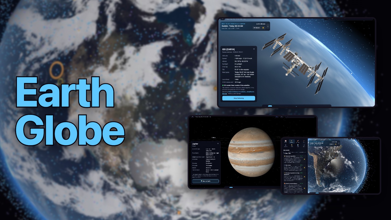 Earth Globe: following the ISS over the Earth, Jupiter, and the shadow of a solar eclipse