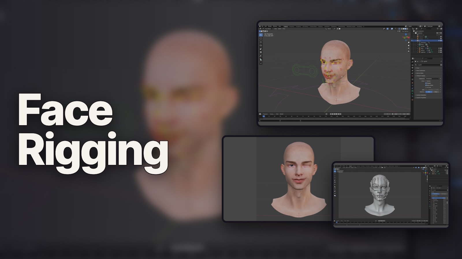 Face Rigging: the rig&rsquo;s controls in Blender, a wink, and the bones laid over the face