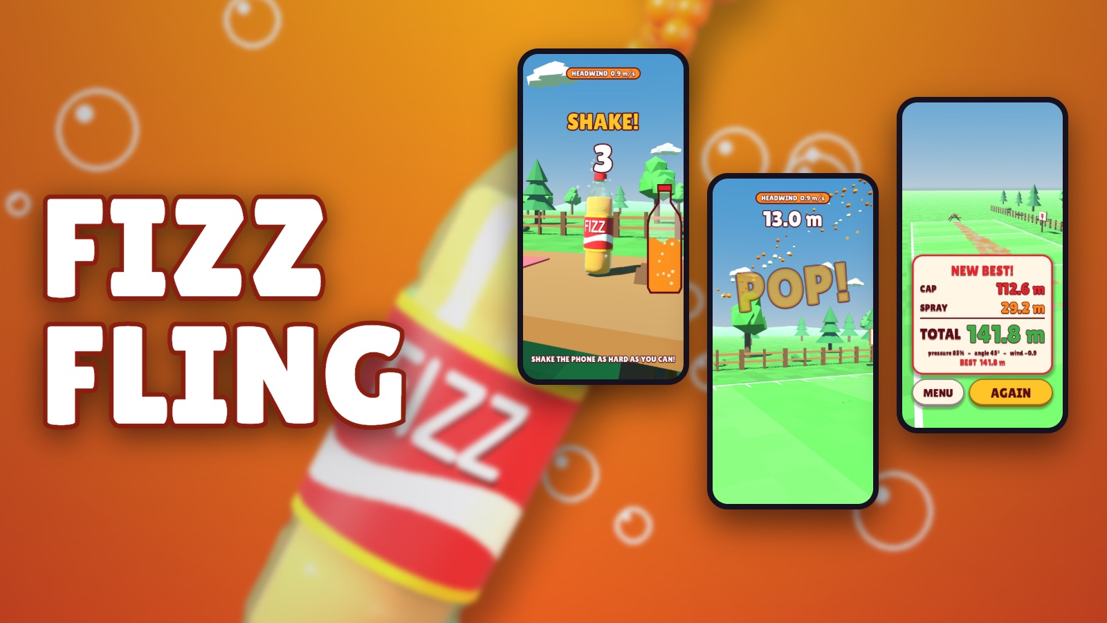 Fizz Fling: the orange bubble splash, beside shaking the bottle, the cap popping off, and a new best of 141.8 metres