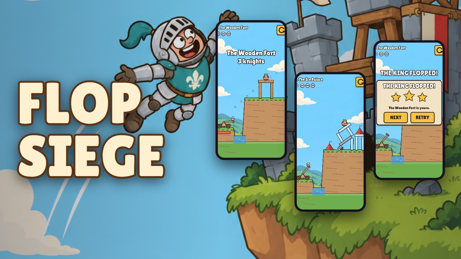 Flop Siege: painted art of a knight flying at a castle on a cliff, beside aiming the catapult, the Ice Palace collapsing and a three-star win