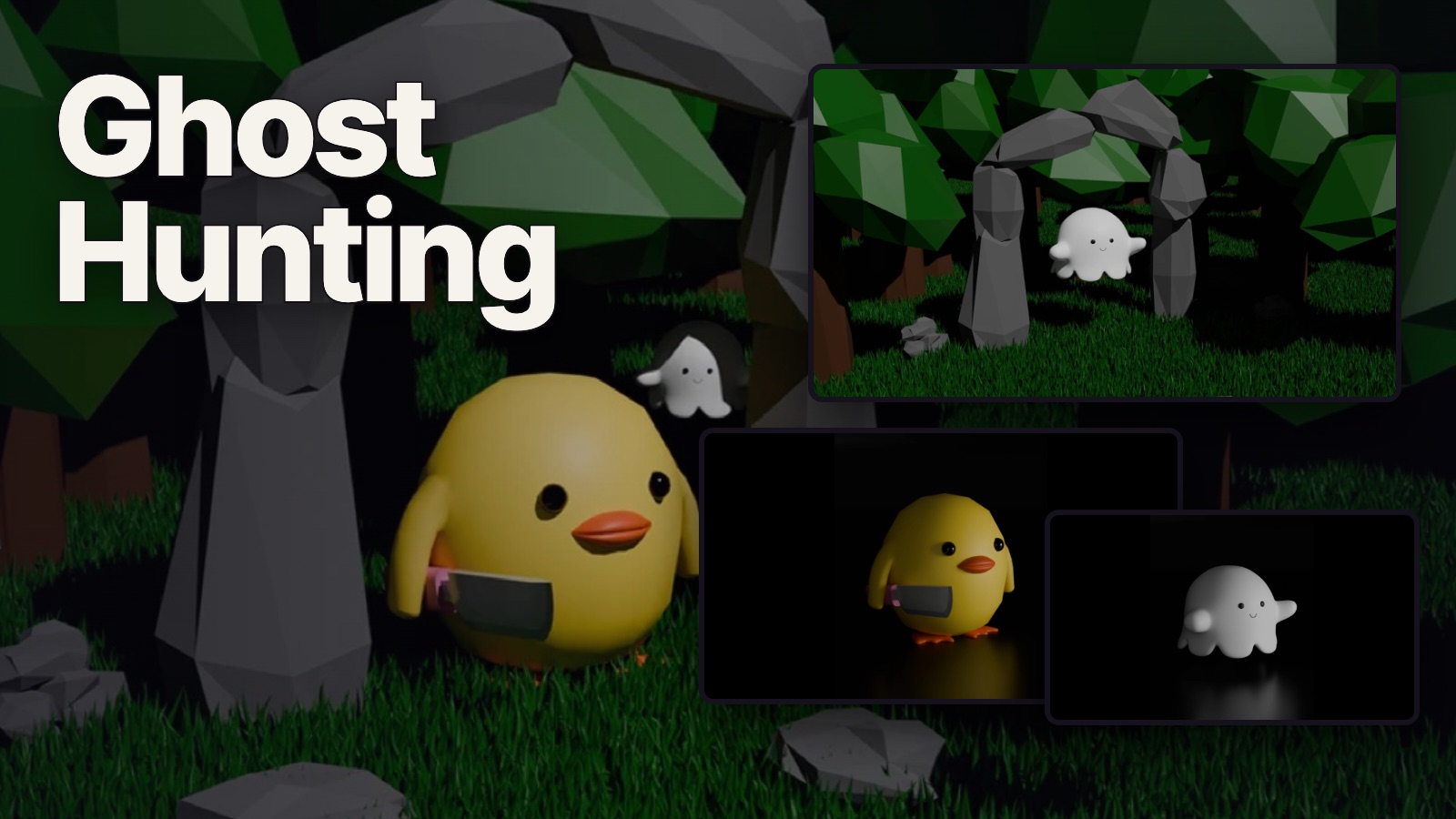Ghost Hunting: the chick in the low-poly forest, a ghost under a stone arch, and both characters alone