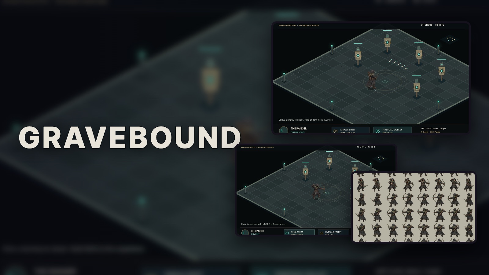 Gravebound: the ranger&rsquo;s fanned volley and a single shot on the practice ground, and the painted sheet of the ranger&rsquo;s attack frames