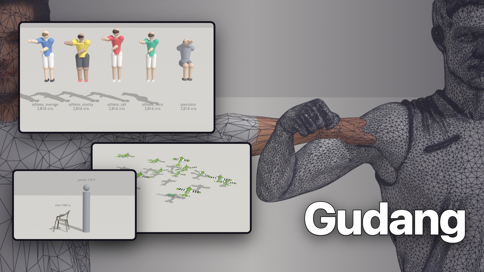 Gudang: a dense scanned figure in wireframe, beside four body types, planes 1,757 metres wide, and a chair checked at real size