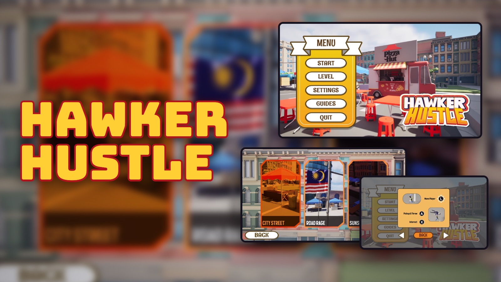 Hawker Hustle: the main menu over a hawker street, the three street levels, and the controls guide