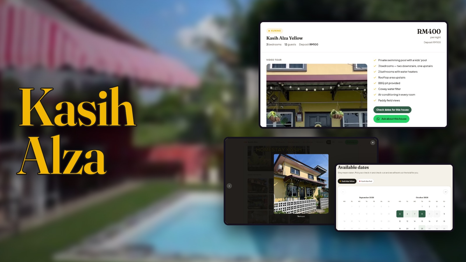 Kasih Alza: a house with its price, a photo of the house, and the availability calendar, over the homestay&rsquo;s pool