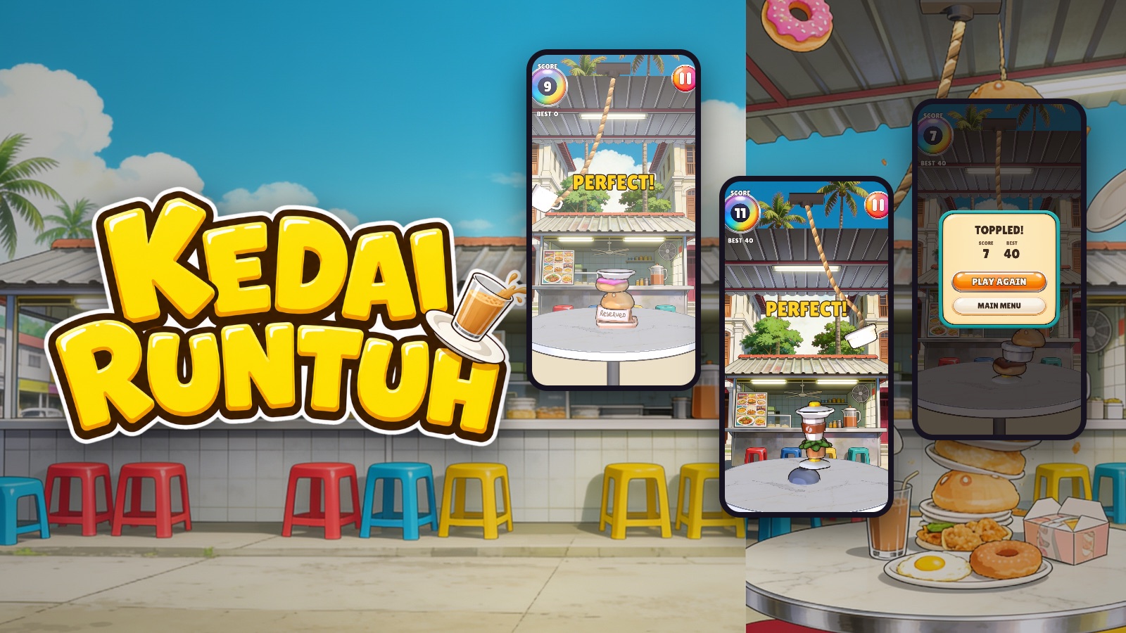 Kedai Runtuh: the logo over a painted kopitiam street, beside two perfect drops on the tower of food and the toppled screen
