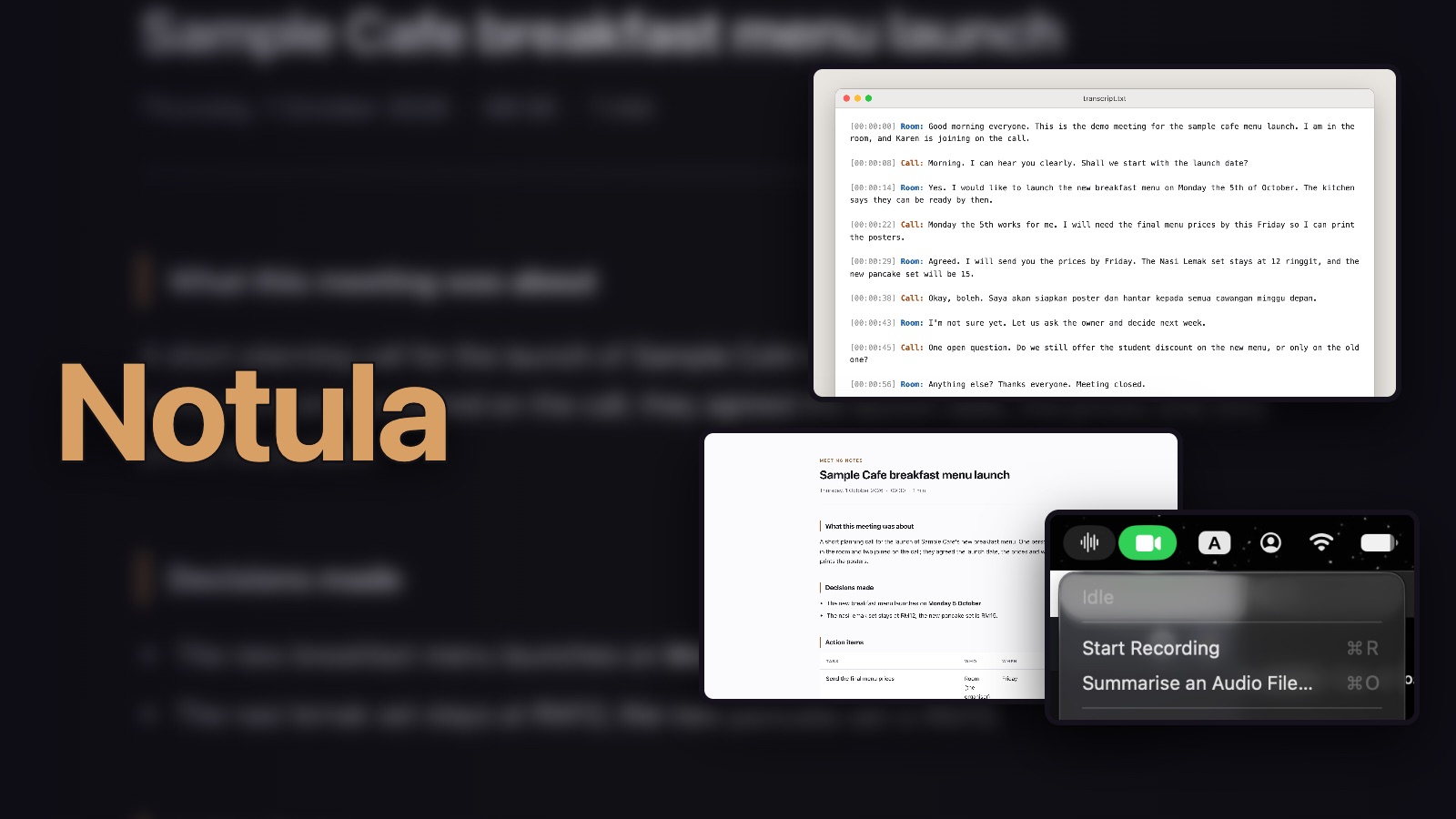 Notula: a meeting transcript, the notes written from it, and its menu-bar menu
