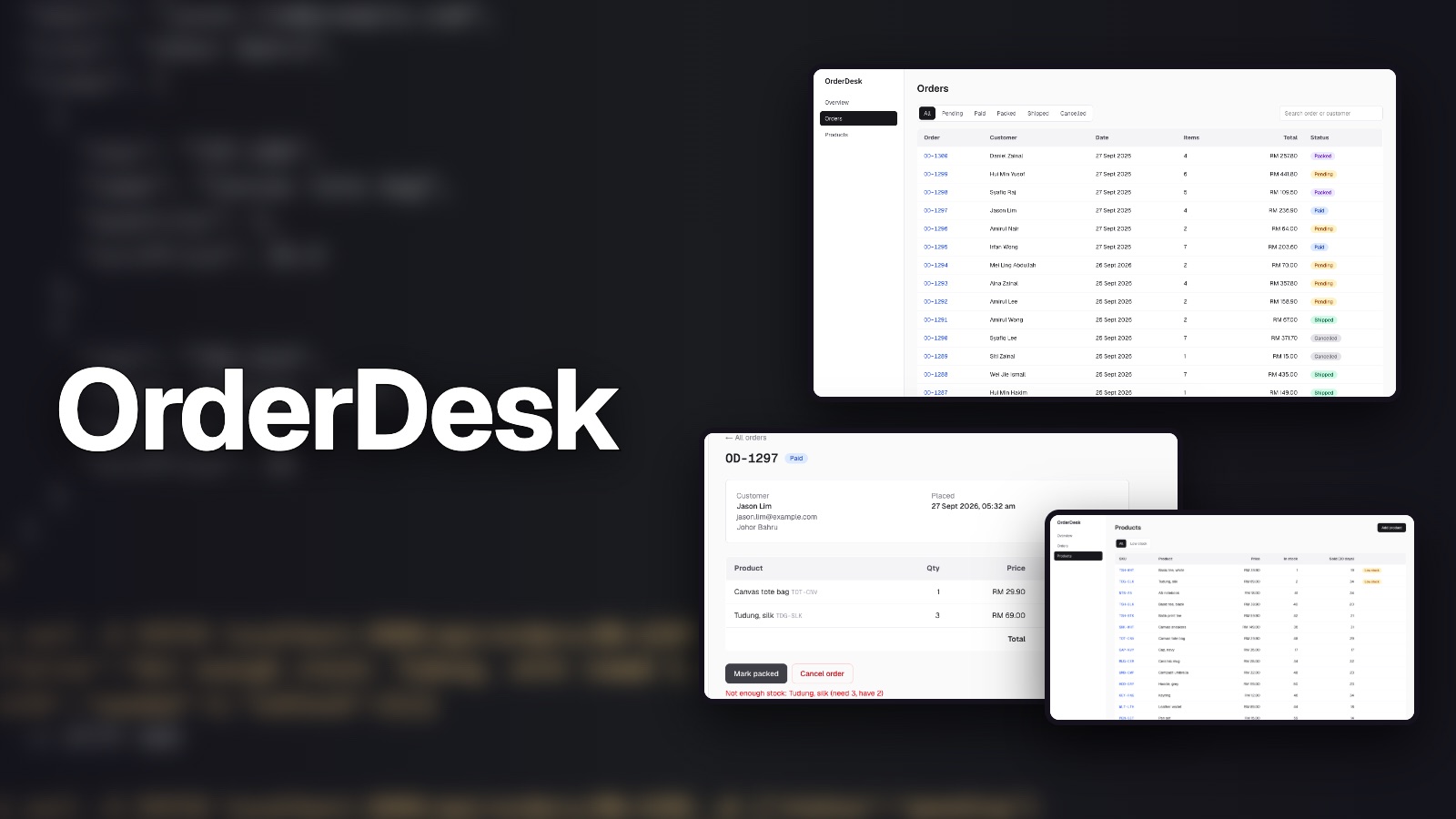 OrderDesk: the orders list, an order refused for short stock, and the products table, over its API calls in a terminal