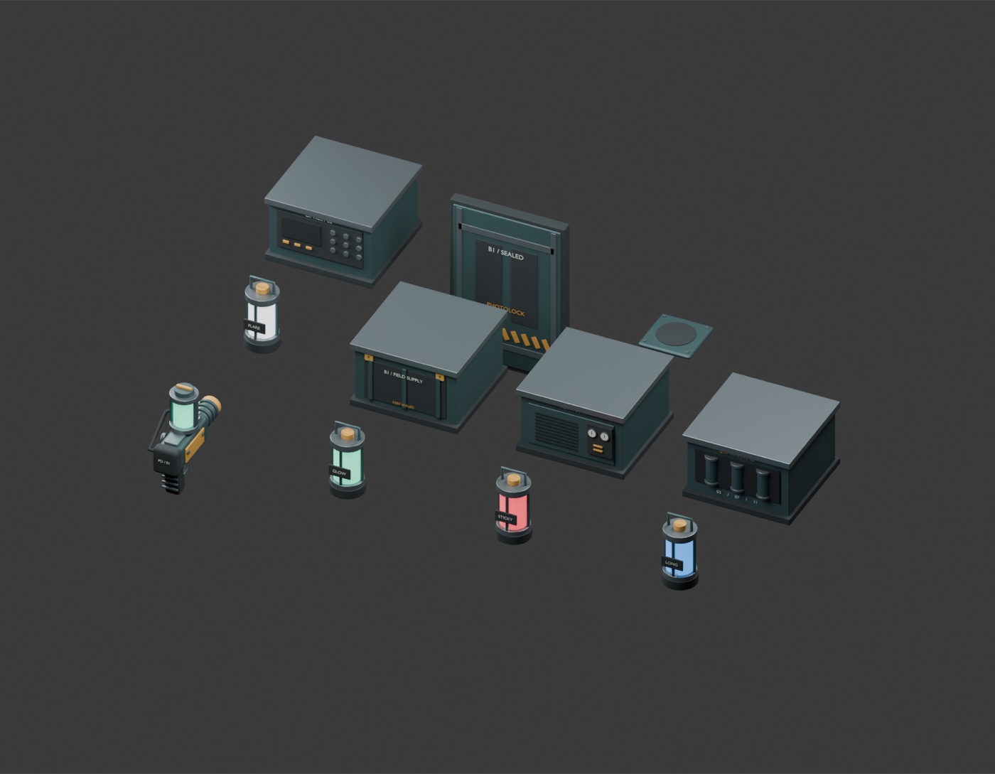 Studio render of the eleven original B1 assets; gun and canisters enlarged for inspection