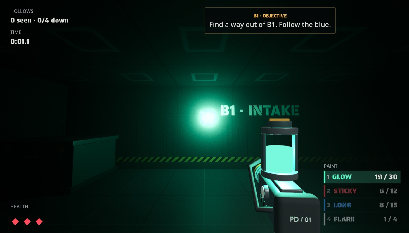 Paint the Dark: the industrial paint gun and a dark facility lit by mint paint