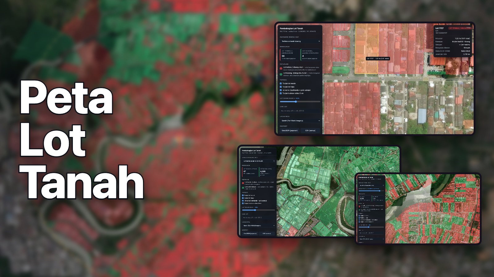 Peta Lot Tanah: land lots coloured over satellite imagery, with a lot&rsquo;s details, town against mukim, and lot sizes