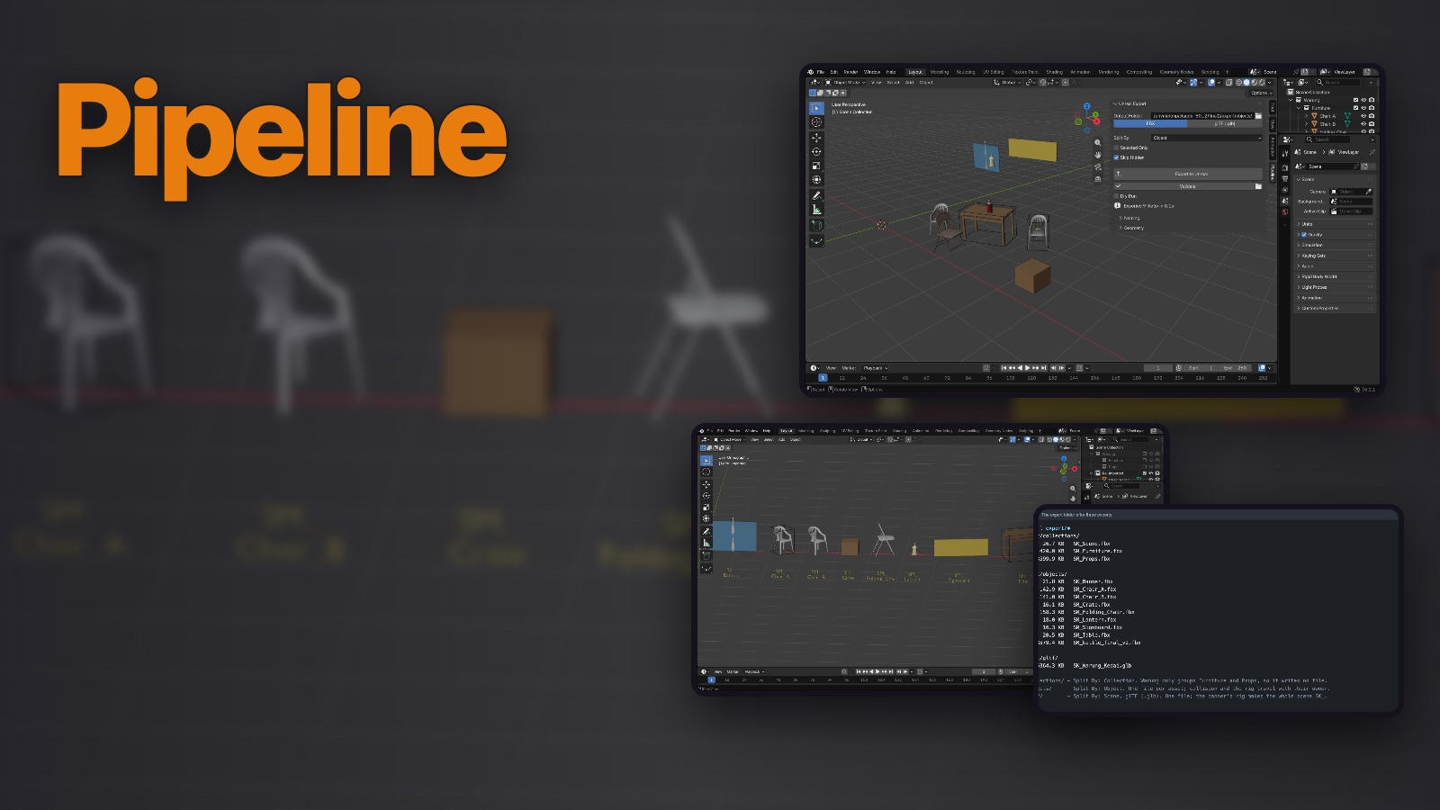 Pipeline: a scene exported from Blender object by object, the exported files imported back, and the export folder