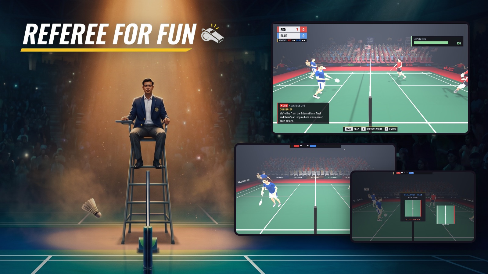 Referee For Fun: the logo over painted art of an umpire in a spotlit chair, beside a line call with the live commentary, a rally, and a challenge review