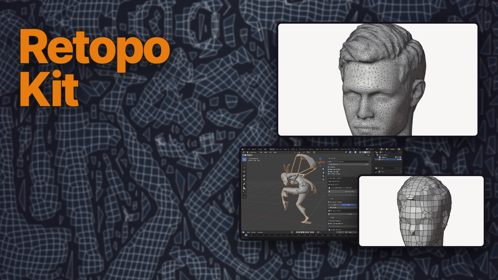 Retopo Kit: a dense scanned head beside the same head in clean quads, and the add-on&rsquo;s panel in Blender