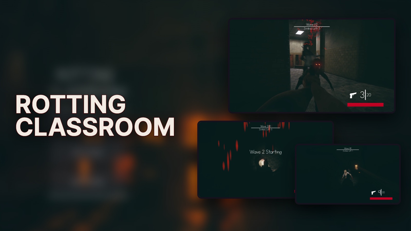 Rotting Classroom: zombies in a dark school corridor, wave two starting, and a zombie in the gloom