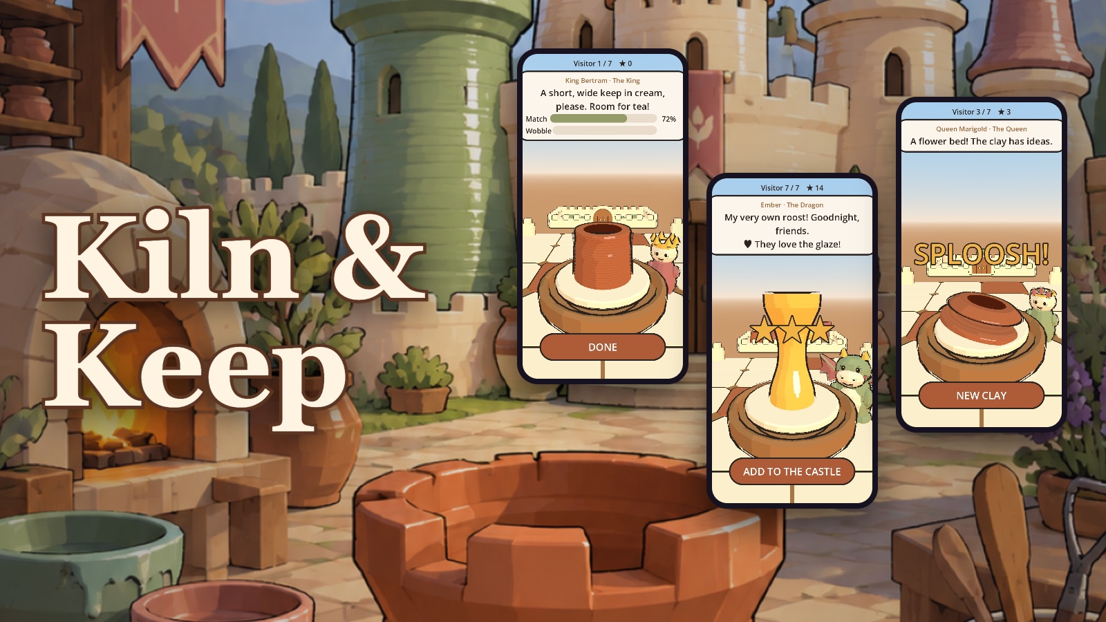 Kiln & Keep: painted art of the castle workshop, beside throwing the king&rsquo;s keep on the wheel, the dragon&rsquo;s glazed roost, and a sploosh