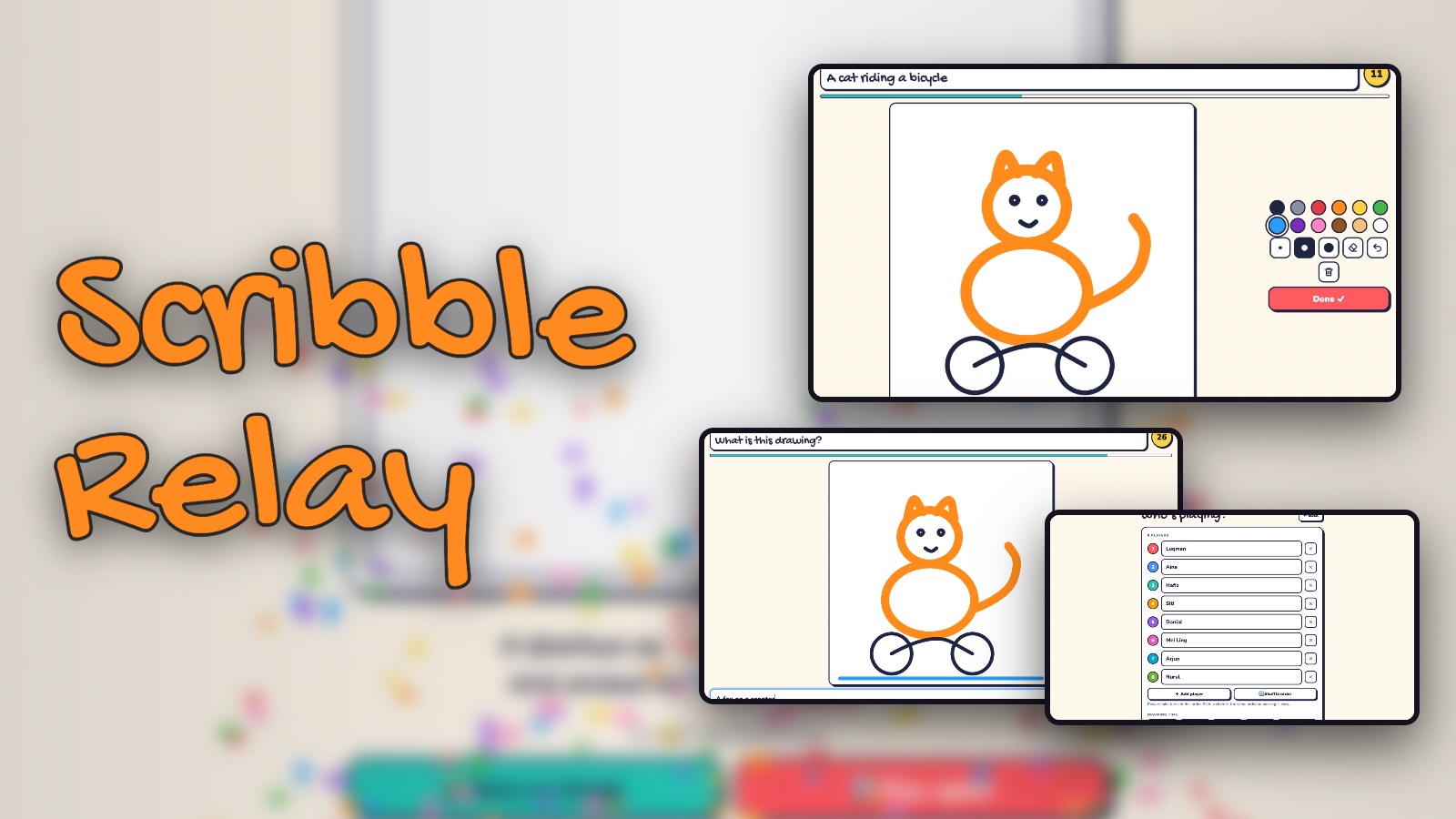 Scribble Relay: drawing a cat on a bicycle, guessing the drawing, and setting up eight players