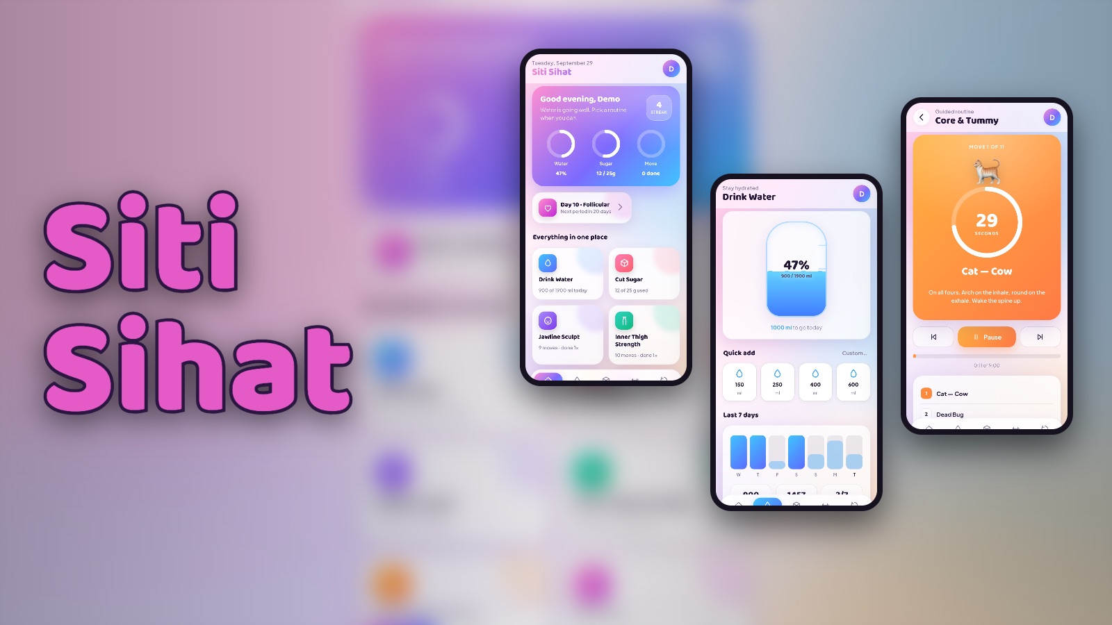 Siti Sihat on a phone: the home screen, the water tracker at 47 percent, and a routine playing