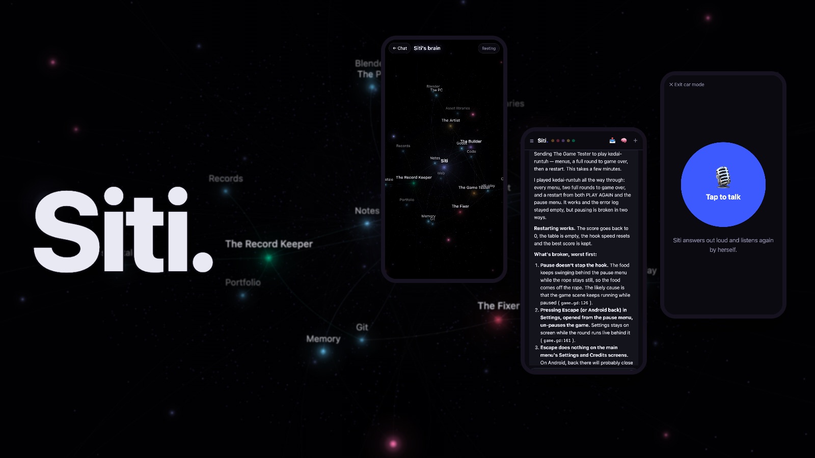 Siti: her brain of glowing neurons behind, and on three phones her brain view, a Game Tester report and car mode