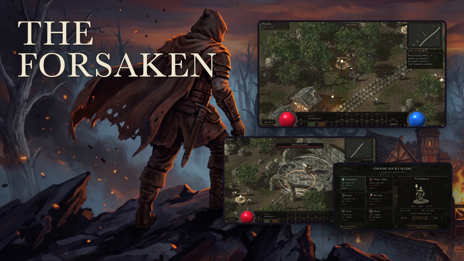 The Forsaken: painted art of a hooded wanderer above a burning village, beside the Gloamwood, the Bellkeeper fight and choosing a calling