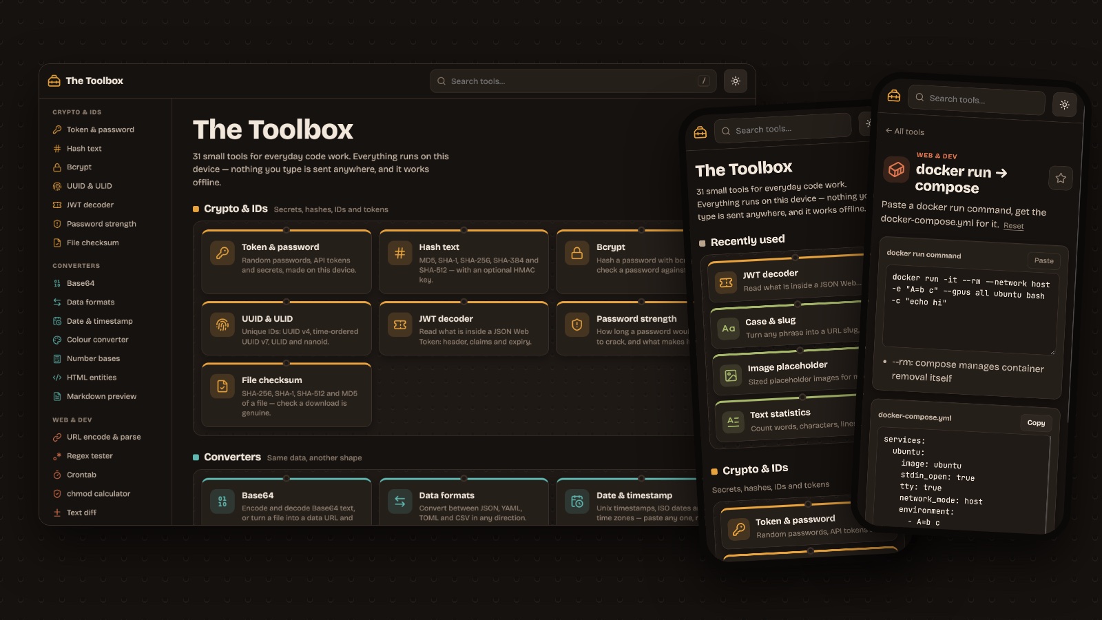 The Toolbox on a laptop and two phones: the home page with tools hung on a pegboard in coloured drawers, the phone home screen, and the docker run to compose converter