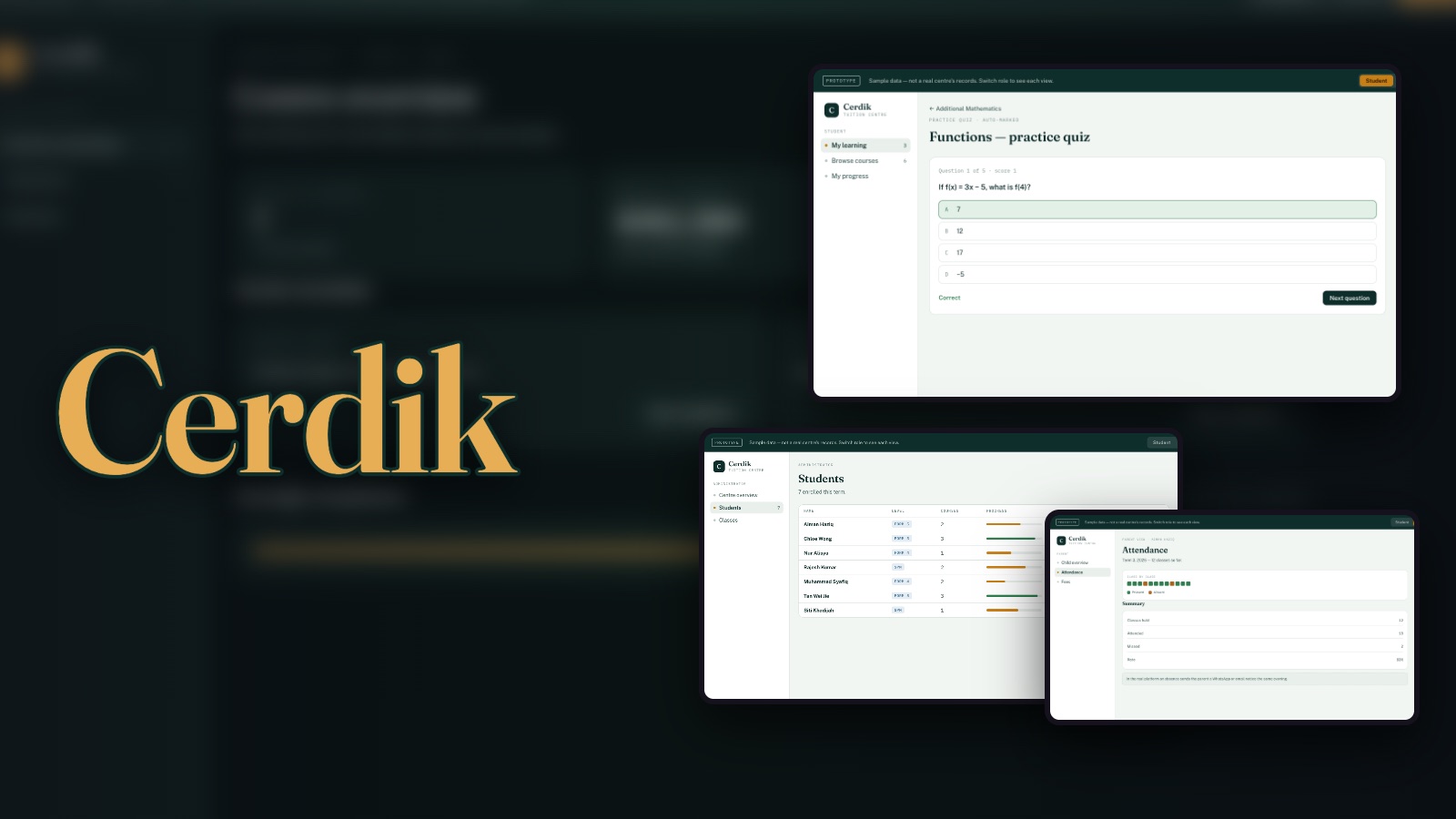 Cerdik: a student answering a quiz, the admin&rsquo;s students table, and a parent&rsquo;s attendance view