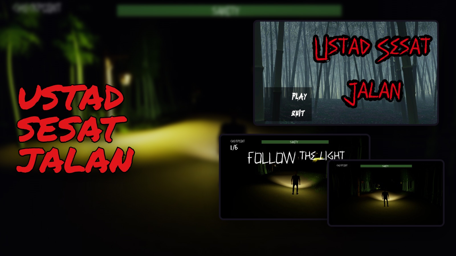 Ustad Sesat Jalan: the title in red over a night forest, and following the torchlight through the trees
