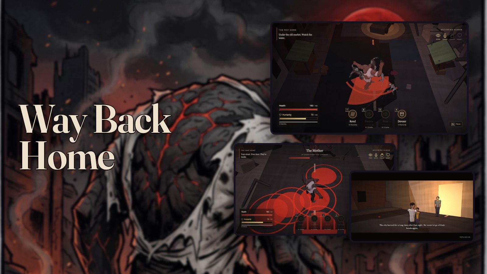 Way Back Home: painted key art of a cracked, glowing monster in a torn shirt under a red moon, beside a street fight, the Mother boss fight and the man home again with his daughter