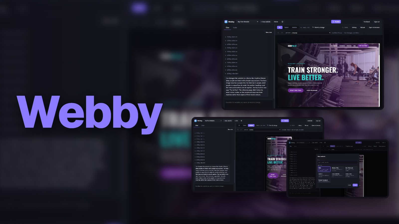 Webby on Windows: a chat on the left and a live preview of a gym website on the right, the same site in the phone preview, and the New website dialog with its starting templates